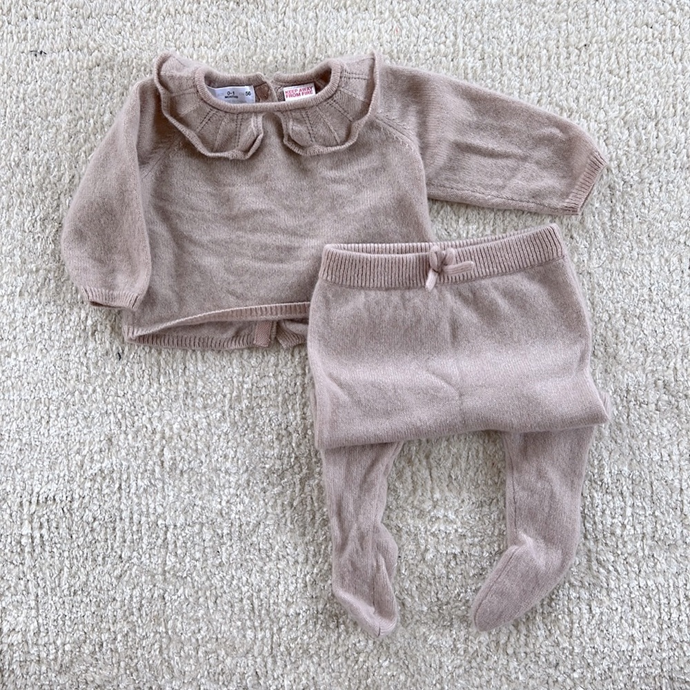 Cashmere Zara Blush Pink Ruffle Button Back Pointelle Sweater and Footed Pants
